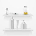 Medical accessories on the shelf, set of medical and health care objects