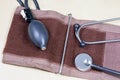 Medical accessories on a wooden table. Stethoscope, and a medica Royalty Free Stock Photo