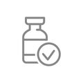 Medical ampoule and check mark line icon. Treatment, vaccine, serum, drug, vaccination symbol