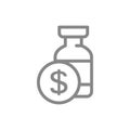 Medical ampoule and coin, money line icon. Vaccination, medical service fees, paid vaccine symbol