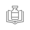 Medical ampoule and open book line icon. Vaccination information, instructions for the drug, serum symbol