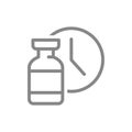 Medical ampoule and watch line icon. Vaccination time, worldwide immunity, duration of the vaccine symbol