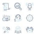Medical analytics, Microphone and Data analysis icons set. Safe time, Spanner tool and Star target signs. Vector