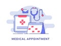 Medical appointment concept clipboard calendar stethoscope email notification white isolated background with flat color Royalty Free Stock Photo