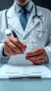 Medical approval Doctor signs document for patients treatment, affirming medical care