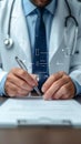 Medical approval Doctor signs document for patients treatment, affirming medical care