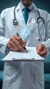 Medical approval Doctor signs document for patients treatment, affirming medical care Royalty Free Stock Photo