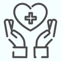 Medical assistance line icon. Hands holding heart with medical cross vector illustration isolated on white. Caring hand