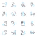 Medical assistance linear icons set. Doctor, Nurse, Medication, Diagnosis, Treatment, Health, Recovery line vector and