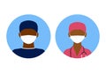Medical avatars illustration of flat design. People icons collection, dark skin doctor and nurse in mask. Covid. Black