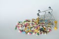 Medical background or concept. Close-up of a inverted shopping trolley filled with colorful pills. Cart from the supermarket with Royalty Free Stock Photo