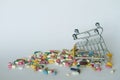 Medical background or concept. Close-up of a inverted shopping trolley filled with colorful pills. Cart from the supermarket with Royalty Free Stock Photo