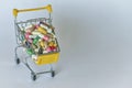 Medical background or concept. Close-up of a shopping trolley filled with colorful pills. Cart from the supermarket with different Royalty Free Stock Photo