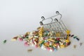 Medical background or concept. Close-up of a inverted shopping trolley filled with colorful pills. Cart from the supermarket with Royalty Free Stock Photo