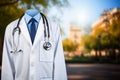 Medical background, Doctors white lab coat and stethoscope, symbolizing expertise