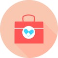 Medical bag in circle icon with long shadows. First aid kit medicine. Doctor`s first-aid kit. Medicine chest vector illustration.