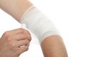 Medical bandage on injury elbow Royalty Free Stock Photo
