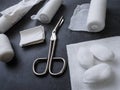 Medical bandages with scissors and sticking plaster. Medical equipment Royalty Free Stock Photo