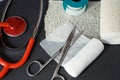 Medical bandages with scissors, sticking plaster Royalty Free Stock Photo
