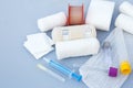 Medical bandages with sticking plaster and syringes Royalty Free Stock Photo