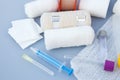 Medical bandages with sticking plaster and syringes Royalty Free Stock Photo