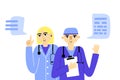 Medical banner. Male and female doctors with speech bubble, medical consultation, internet hospital support, healthcare poster,
