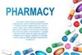 Medical banner with pills and capsule background. Pharmacy Poster with painkiller capsules, vitamins and medical drug