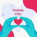 Medical banner with text Thank you. Hands in the shape of a heart. Human hands in medic latex gloves show a vector