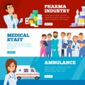 Medical banners. Doctors ambulance and pharma industry medicaments vector flat web online banners