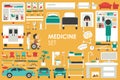 Medical Big Collection in flat design background concept. Infographic elements set with hospital staff doctor and nurse