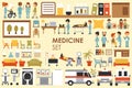 Medical Big Collection in flat design background concept. Infographic elements set with hospital staff doctor and nurse