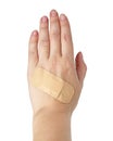 Medical big elastic plaster on woman hand isolated on the white background Royalty Free Stock Photo