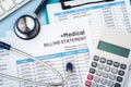 Medical billing statement with stethoscope and calculator, hospital and healthcare cost