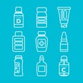 Medical Bottles with medicines and vitamins. White Linear Icons. Isolated elements on a blue background. Vector illustration