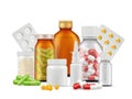 Medical bottles and pills. Medications aspirin antibiotic drugs tablets vector realistic health care concept