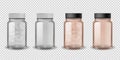 Medical bottles. Realistic plastic pill full and empty bottle set, vitamin capsule in transparent container front view