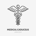 Medical caduceus doodle line icon. Vector thin outline illustration of snake, wings and scepter. Black color linear sign Royalty Free Stock Photo