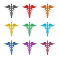 Medical caduceus sign silhouette color icon set isolated on white background Royalty Free Stock Photo