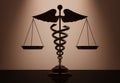 Medical Caduceus Symbol as Scales with backlight over Wall. 3d R