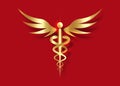 Medical caduceus symbol in golden color. gold luxury Logo concept of public health, two snake torches silhouette. Ancient hermes