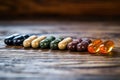 medical cannabis pills laid out in a row on a wooden surface