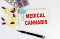 MEDICAL CANNABIS text written in a card with pills. Medical concept