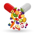 Medical capsule with fruit and vegetables. Vitamins and supplements. Different fruit in capsule. Flat style, vector illustration.