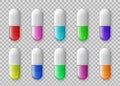 Medical capsule pill. 3d medicine drugs with different colors, tablet or capsules, multicolored vitamin medicine and Royalty Free Stock Photo