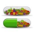 Medical capsule with vegetables. Vitamins and supplements. Different fruit in capsule. Flat style, vector illustration.