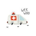 Medical car. Hand drawn ambulance automobile, city emergency transport, childish t-shirt print and poster collection, vector