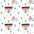 Medical car seamless pattern. Hand drawn ambulance automobile, city emergency transport, childish cartoon collection. Decor