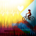 Medical cardiogram of bicycling woman. Medicine background