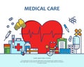 Medical care concept in modern flat line style in heart shape. Diagnosis, science and a lot of medicine icons. Banner Royalty Free Stock Photo