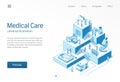 Medical Care. Doctor and nurse teamwork. Healthcare, patient treatment isometric line illustration. Hospital, clinic